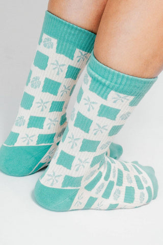 Tropical Checkers Knit Crew Sock by Loindaflow: Seafoam / OSFA