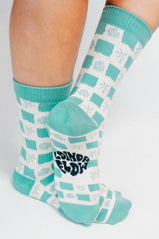 Tropical Checkers Knit Crew Sock by Loindaflow: Seafoam / OSFA