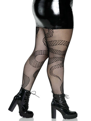 Plus Snake Net Tights: Black / 1X/2X