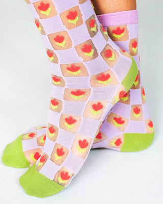 Checkered Tulips Sheer Ankle Sock by Hannah Packer: Lavender / OSFA