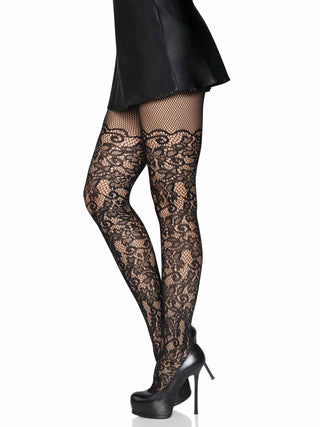 Drew Floral Vine Fishnet Tights: Black / One Size