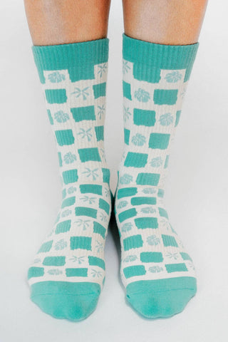 Tropical Checkers Knit Crew Sock by Loindaflow: Seafoam / OSFA