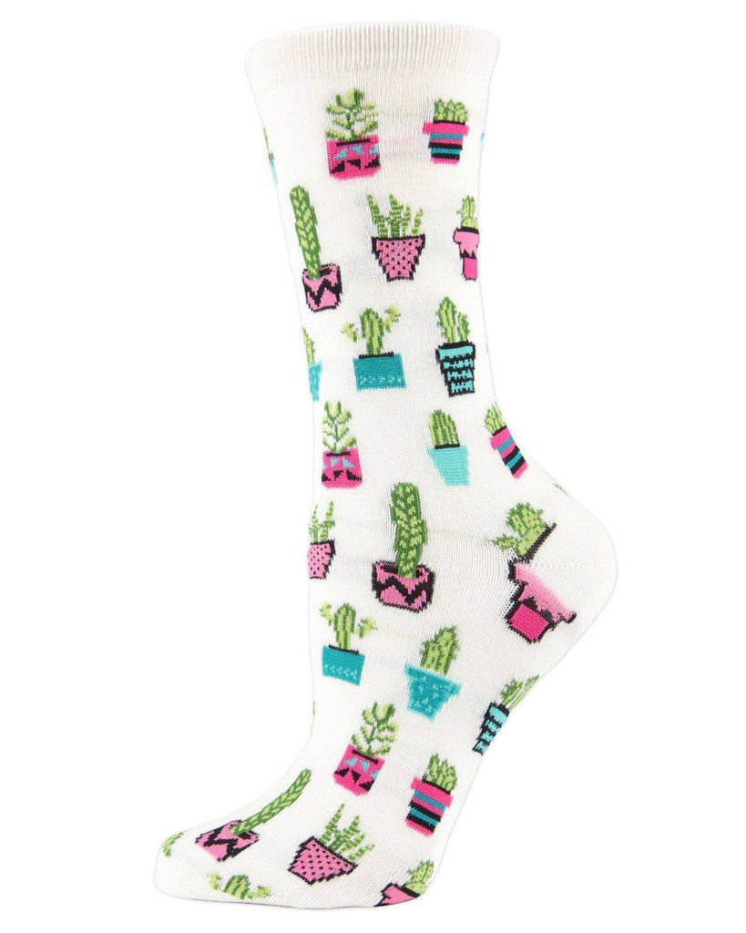 MeMoi Potted Cacti Bamboo Crew Socks: Black / 9 - 11 - cantiqLA