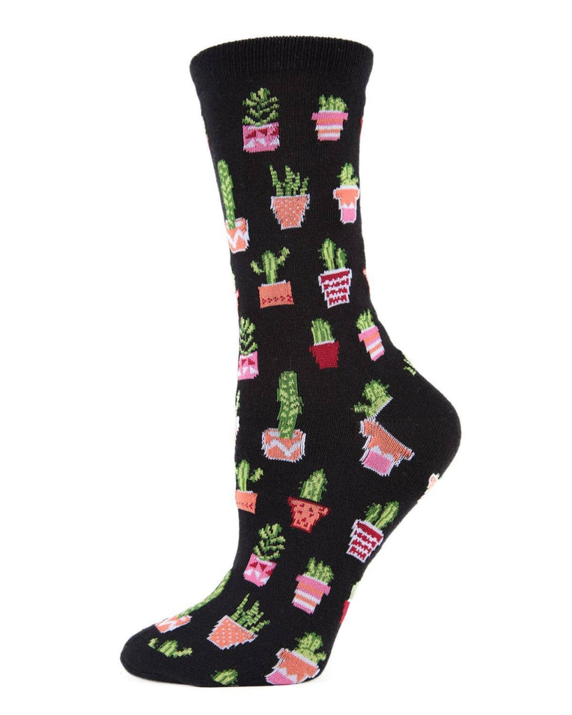 MeMoi Potted Cacti Bamboo Crew Socks: Black / 9 - 11 - cantiqLA